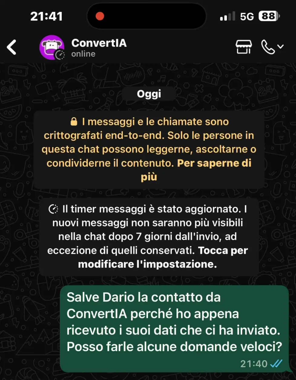 chat iniziale screen